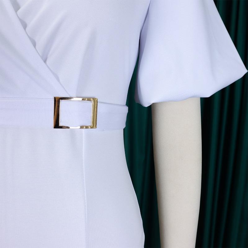 Women Fashion V Neck Puff Sleeve Solid High Waist Slit Bodycon Midi Dress
