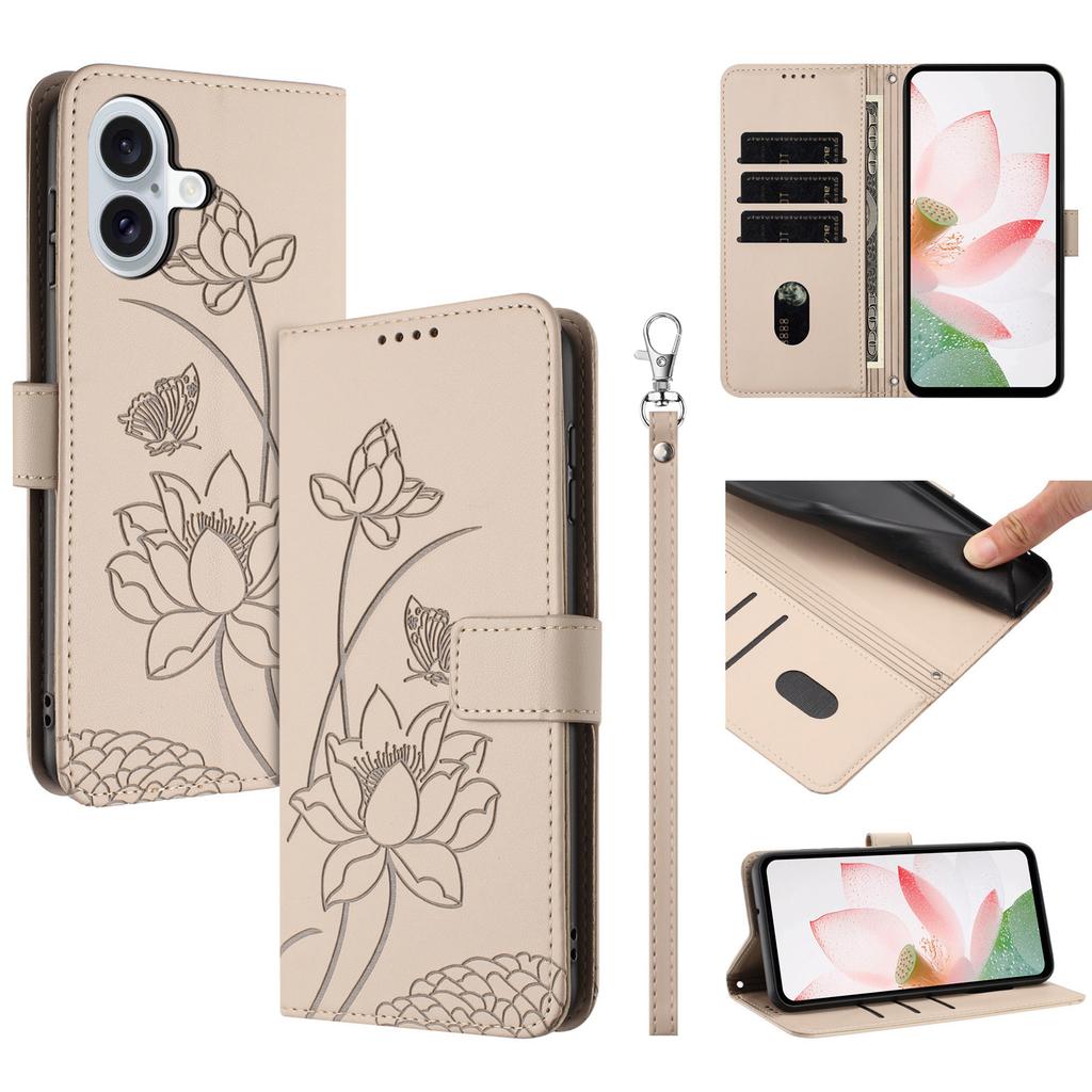 For iPhone 17 Case Wallet Stand Lotus Imprint Leather Phone Cover with Wrist Strap