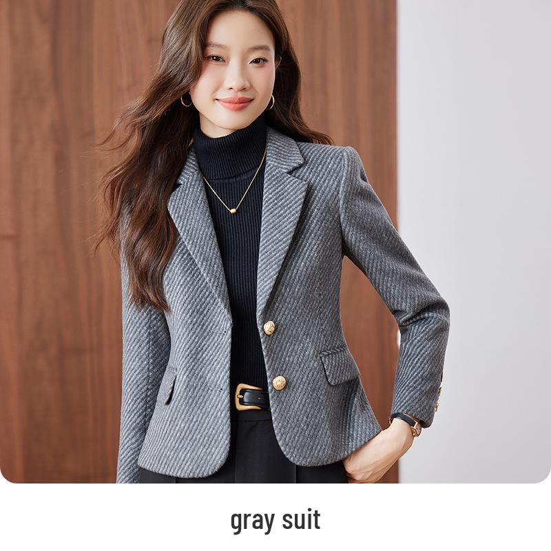 Women's Khaki Striped Wool-Blend Blazer - Slim Fit, Autumn/Winter 2025