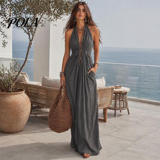 Rochie casual tip halteră plisată pentru femei, rochie maxi cu gât, decolteu adânc V, fără mâneci, fluidă, rochie de soare pentru vacanță la plajă, de vară, fluidă, cu buzunare, fustă lungă care subțiază
