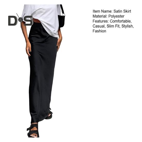 Women Satin Skirt High Waist Midi Long Skirt Slim Wrap Hip A-line Faux Silk Skirts for Spring Summer Streetwear