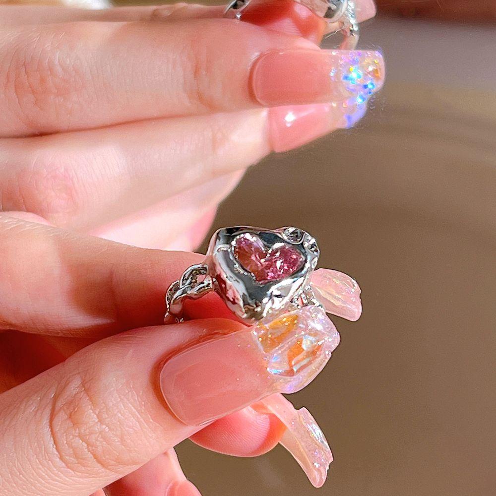 Y2K Pink Crystal Irregular Heart Ring Vintage Shiny Zircon Opal Love Open Ring for Women Kpop Punk Girl Party Jewelry Gifts 2023