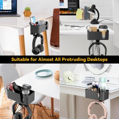 KDD 4-in-1 Desk Organizer - Headphone Stand with Drink Holder - Under-Desk Headphone Hook with Two Wire Holes - Rotating Headphone Hanger and Removabl