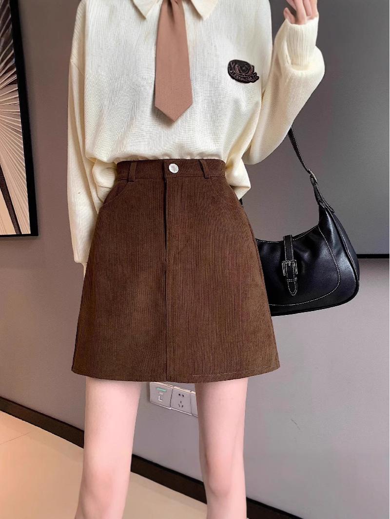 

Women s High-Waist Black Corduroy A-Line Mini Skirt | 2024 Autumn/Winter Korean Retro Style XS (70-80 lbs) кофейный
