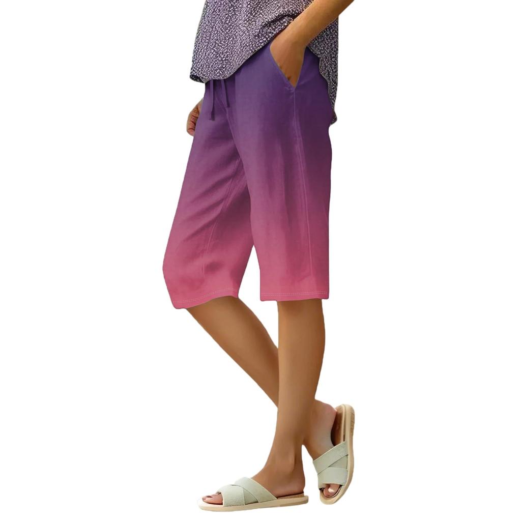 Women's Summer Gradient Floral Polka Dot Print Knee-Length Lightweight Elastic Waist Casual Pocket Shorts