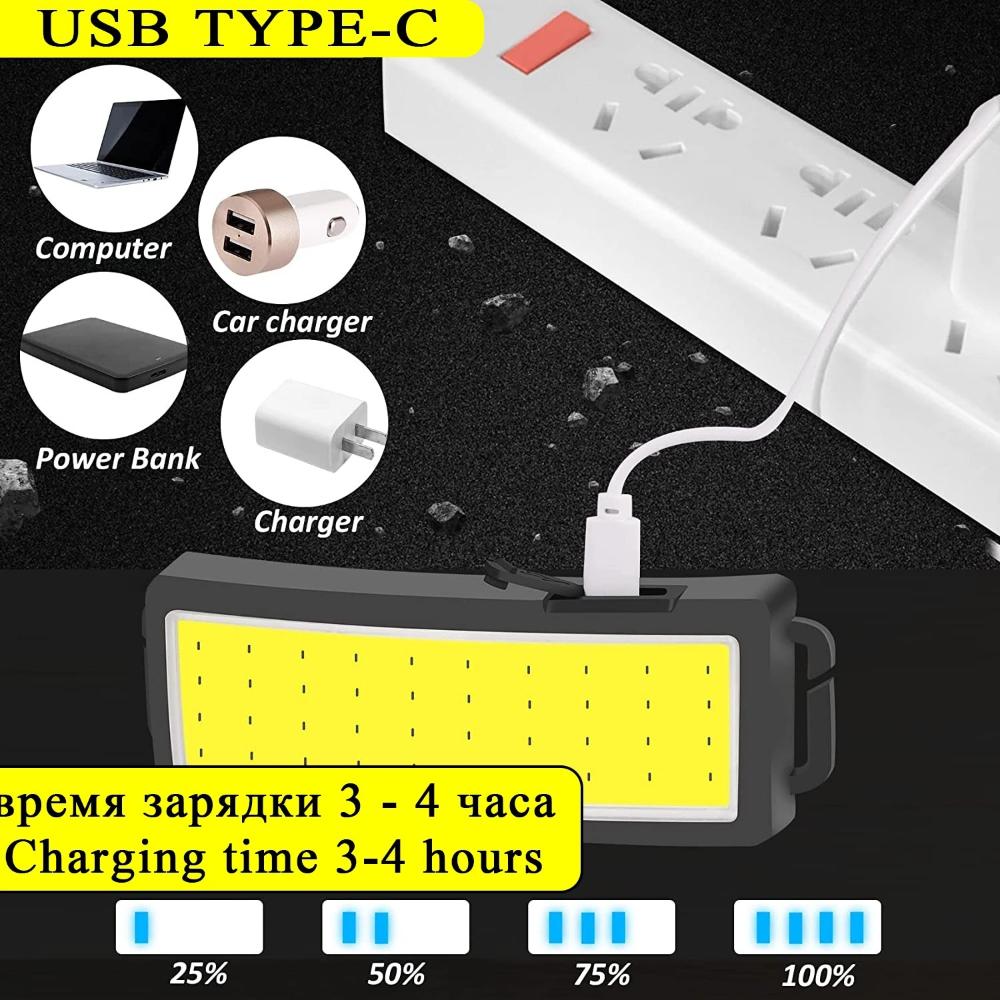 1pcs Powerful COB Headlamp Built-in Battery Type-C Rechargeable Head Flashlight Outdoor Camping Fishing Running Waterproof Headlight