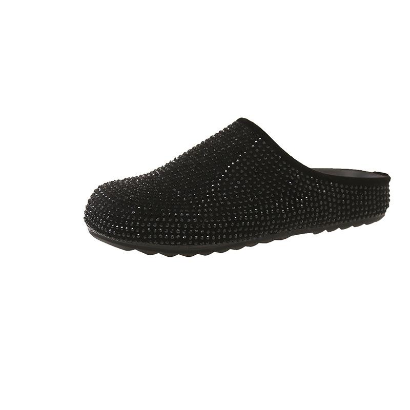 

Flat-bottomed lazy bag head half slippers women s outer wear 2025 summer new one-pedal rhinestone Borken cool slippers women 40 чорний
