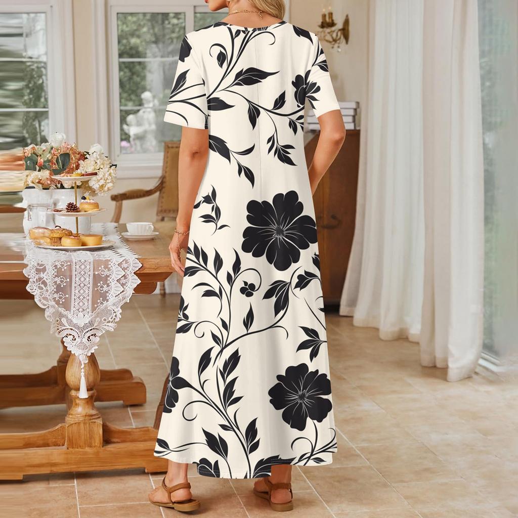 Dames Modieuze En Casual Lange Strandrok Ronde Hals Korte Mouwen Losse Retro Print Jurk