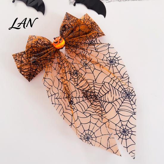 Lightweight Hair Clip Halloween Spider Web Bow Clip, Pumpkin Eyeball Tulle with Long Tails, Women Accessories for Holiday Party