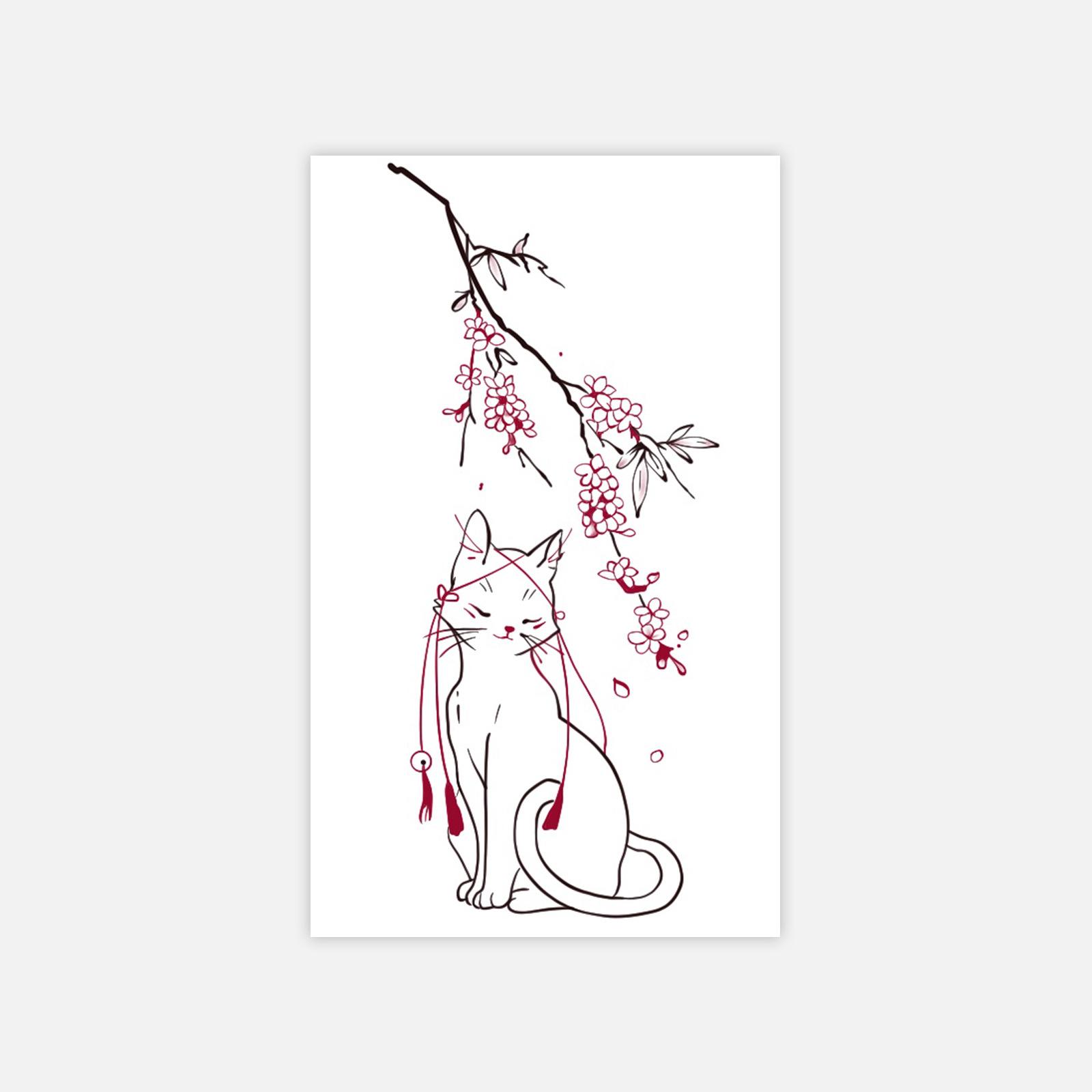 Cute Cat Tattoo Sticker Under The Cherry Blossom Tree, Simple And High-End Aesthetic Tattoo Sticker 6*10