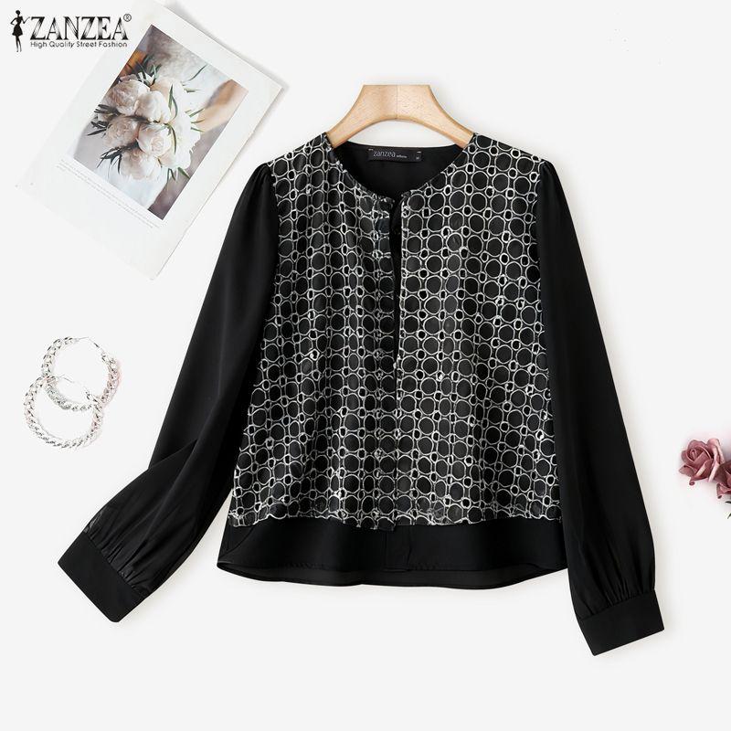 ZANZEA Women Casual Turn Down Collar Long Sleeve Embroidery Splice Fake Two-piece Blouse
