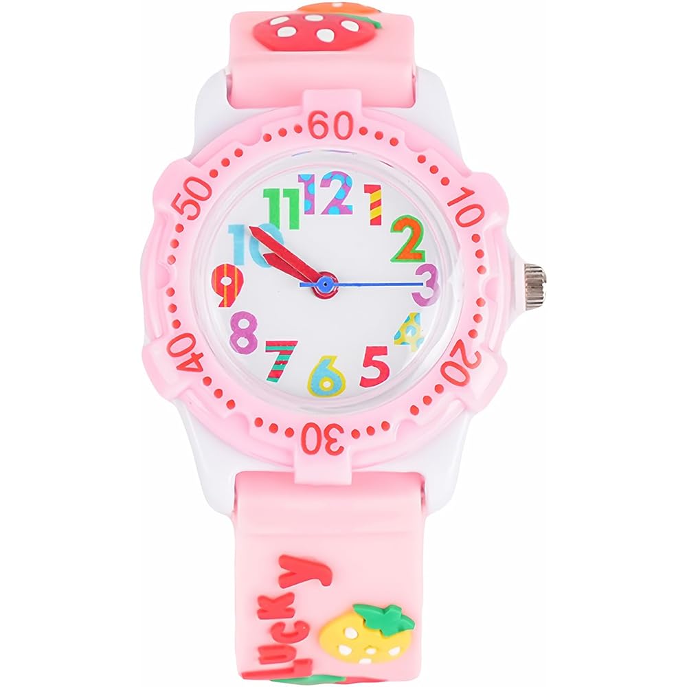 Maeau Girls Kids Wristwatch Lightweight Dinosaur Pattern Cute Pink Strawberry Sports Watch for School and Daily Use