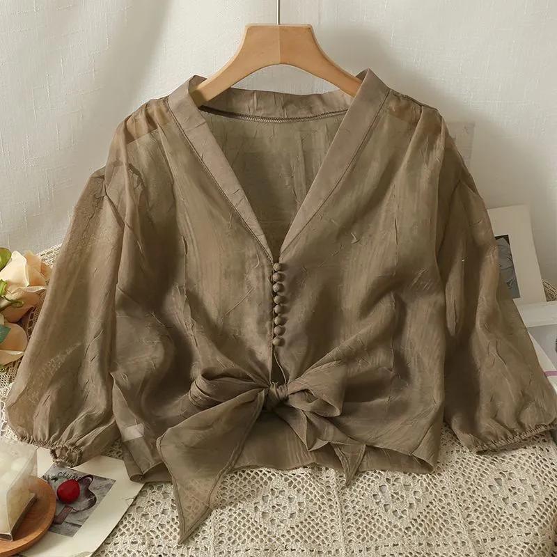 Zomerstijl Blouse met Pofmouwen voor Dames: Lichtgewicht Chiffonen Top met Vetersluiting in Franse Stijl, Beschermend tegen de Zon