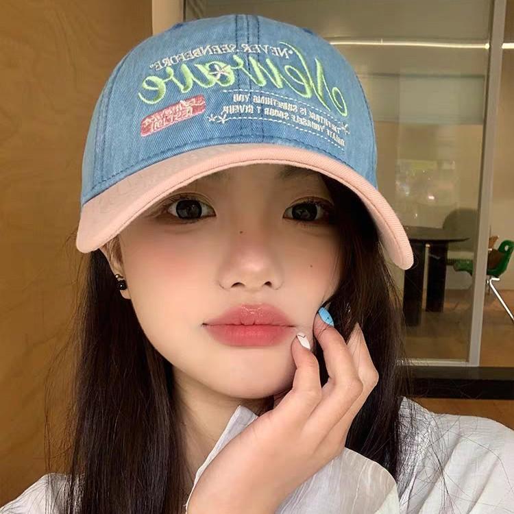 Korean soft-top, deep and wide brim denim color-block baseball cap for women, makes the face look smaller, sun protection and sunshade duckbill cap