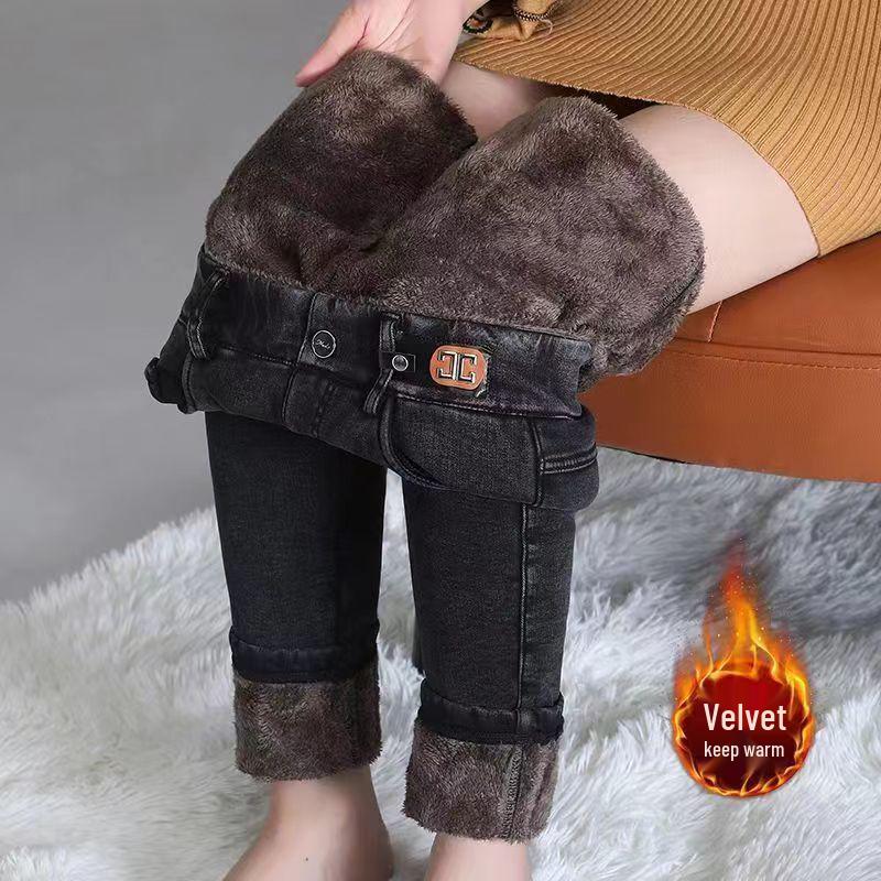 2025 Winter Women's Fleece-Lined High-Waisted Denim Skinny Pants - Slimming, Figure-Flattering, and Elastic Waist.