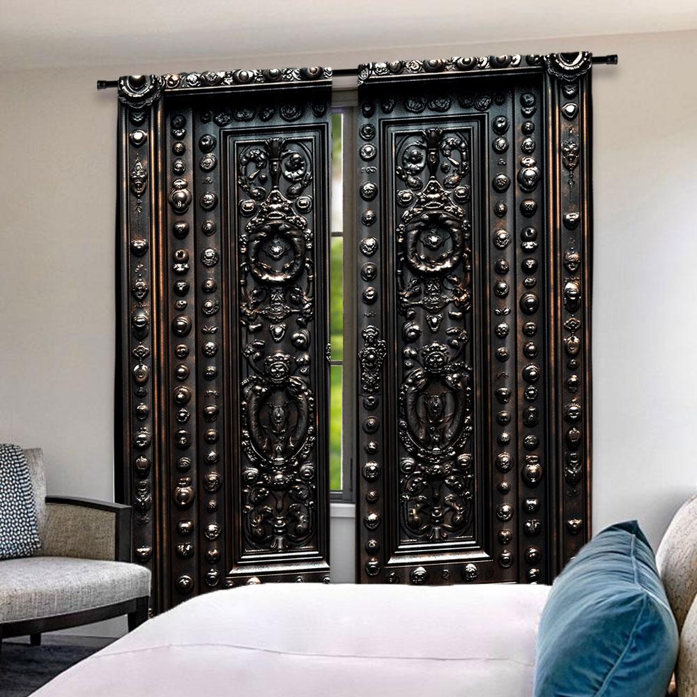 Set Of 2 Black Curtains Door Pattern Printed Suitable Bedroom Kitchen Dining Room Living Study Office Curtain For Sitting Made Polyester