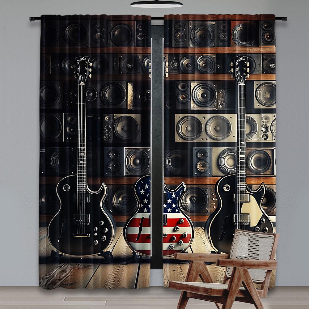 Set Of 2 American Flag Curtain Black Us Bass Guitar Electronic Rock Music Theme Bedroom Living Room Dining For Great Made Polyester
