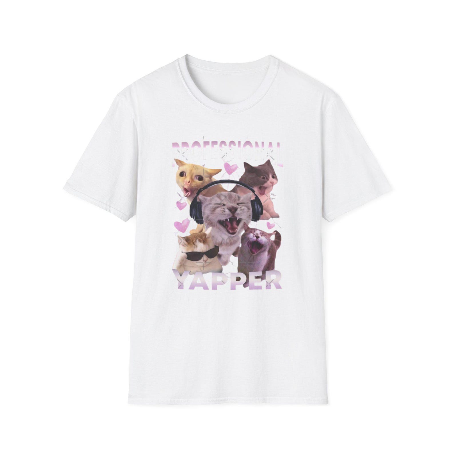Professional Yapper T-Shirt | Cute Cats with Headphones, Heart Pattern 2XL