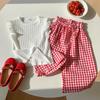 Girls Summer Cotton Linen Plaid Wide Leg Shorts Breathable Loose Casual Versatile Pants For Kids