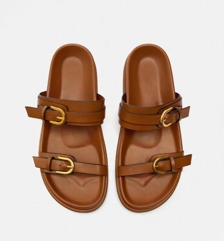 Fashion Woman Black Flat Slingback Shoes Female Summer Straps Round Toe Shoes 2025 Women's Sandals Metal Buckle Flat Sandals