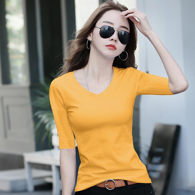Women's T-Shirt Mid-Sleeve Women Bottoming Shirt with Half-Sleeve Woman T-Shirt Tight V-Neck Tops Tees