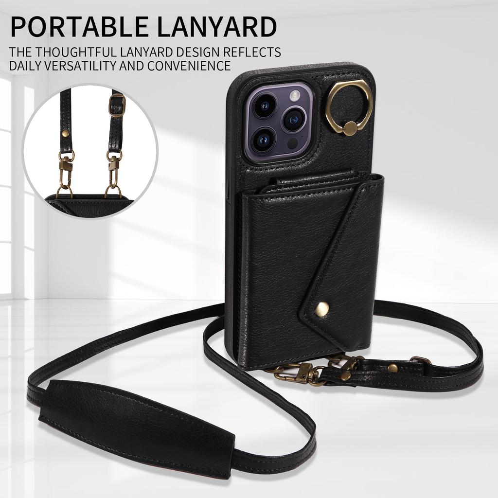 For iPhone 14 Series.for iPhone 14,14 Plus,14 Pro,14 Pro Max Shoulder Strap Rope Ring Bracket Design Card Holder Slots Lichee Pattern Cover Phone Case