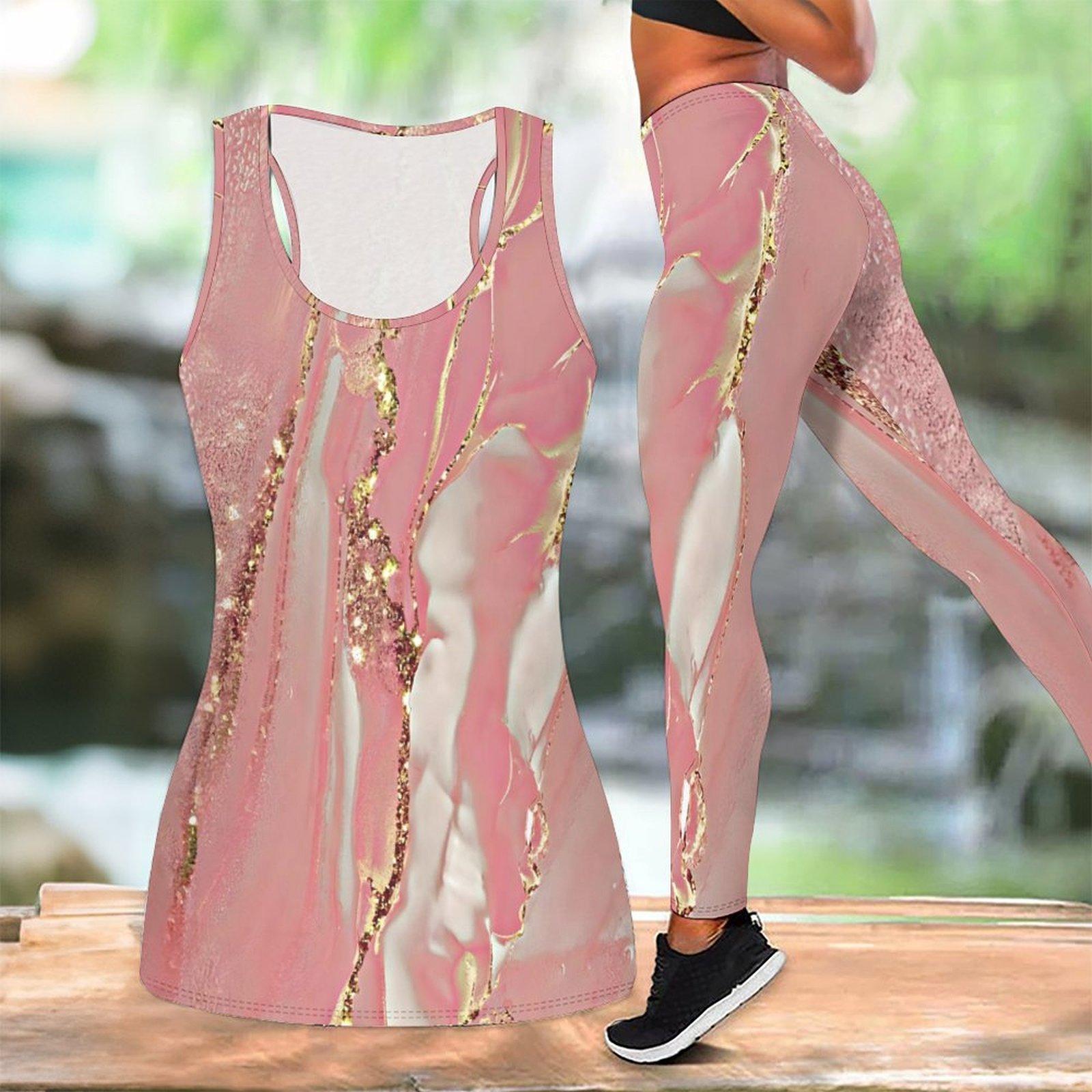 

Спортивний костюм для йоги з принтом під мармур для жінок Модні легінси для тренувань Фітнес Спортивний Повсякденний Набір для йоги Спортивний костюм XXL перська-рожевий колір