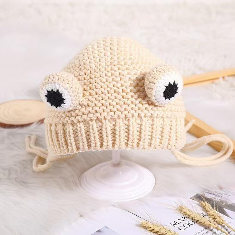 Children's bear ear hat baby cute cartoon double ball knitted velvet thickened windproof warm autumn and winter wool hat