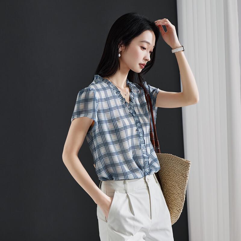 SOFSIL Retro Plaid V-Neck Ruffle Short Sleeve Blouse M