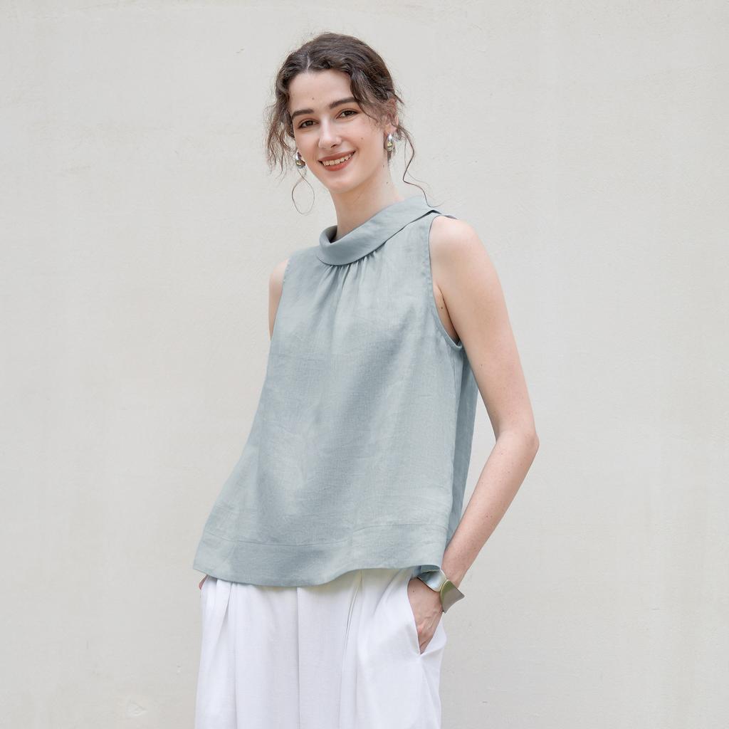 High-quality pure linen temperament women's vest summer new folding swinging collar sleeveless design A-shaped pendulum top