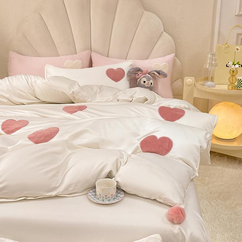 Ins Love Heart Bedding Set Princess Duvet Cover Sheets With Bedspread Single Twin Full Queen Double Size Bedroom Decor For Home