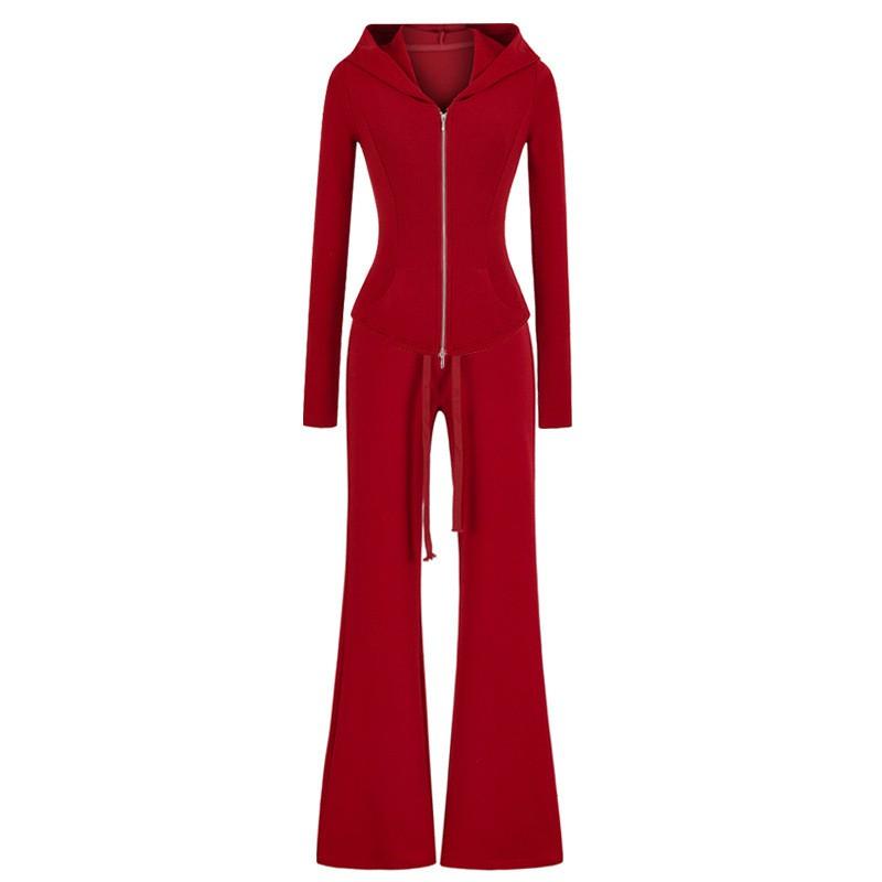 Womens Casual Yoga Set Hooded Zip Cardigan Flared Pants Solid Color Sportswear