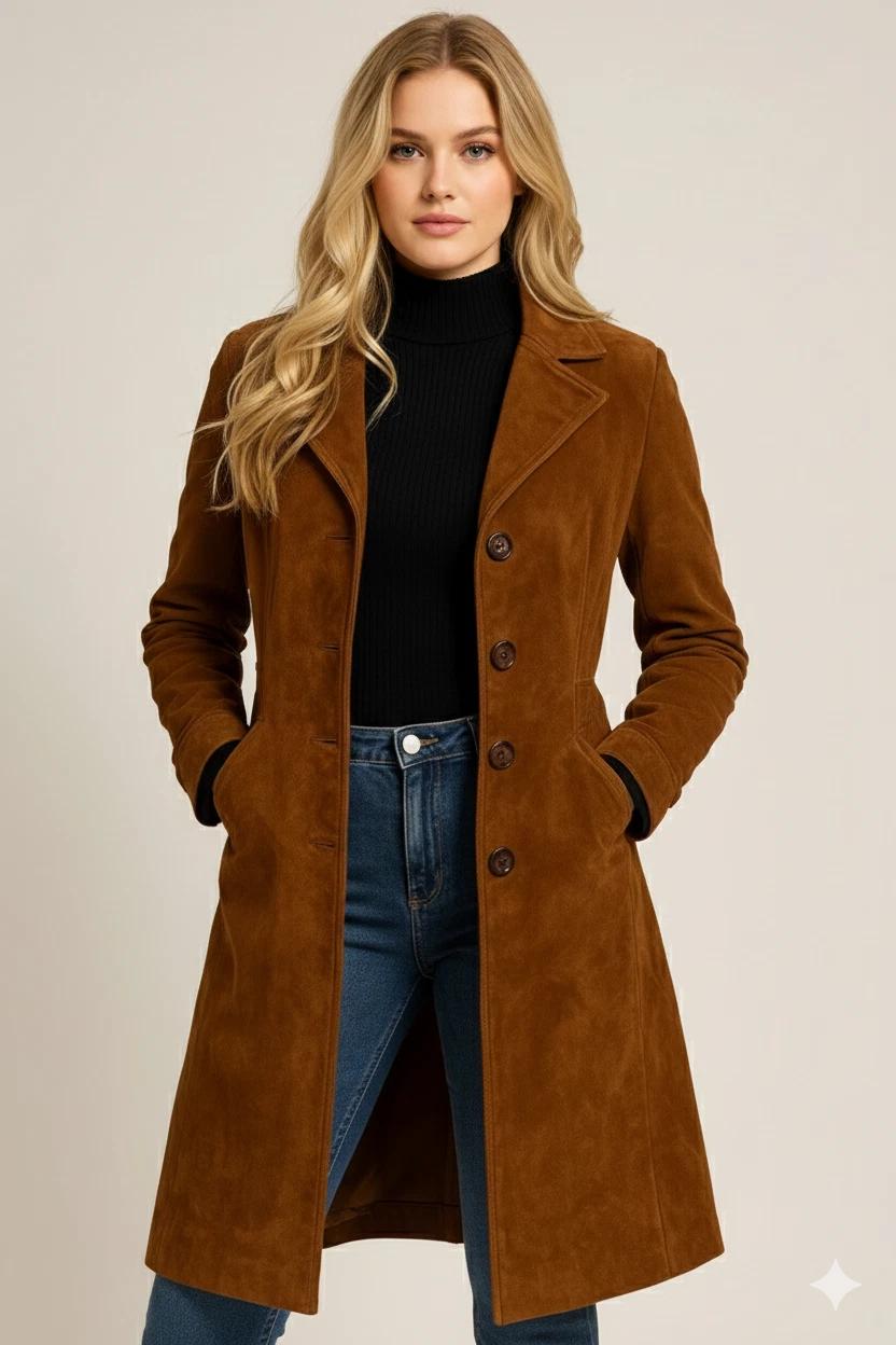 Кожа Стильное Ручной работы Пальто Тренч из Овчины Женское Натуральная Коричневая Замша Вечеринка S коричневый