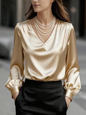 French Style Satin V-Neck Puff Sleeve Shirt - Elegant Solid Color Women's Top