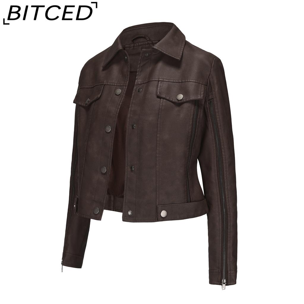 BITCED Women's Fashion Multi-Zip Decorated Biker Jacket Long-Sleeved Cardigan Style Trendy Jacket Spring/Autumn Lightweight Leather Jacket
