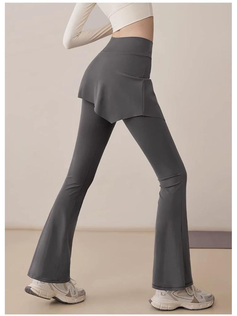 Pantaloni fustă de yoga pentru femei 2025: Pantaloni lungi eleganți tip două piese false, micro evazați, pentru alergare și fitness, pentru primăvară