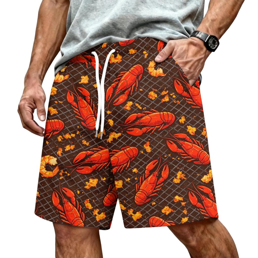 Men's Hawaiian Print Mesh Shorts with Drawstring Elastic Waist for Summer Beach