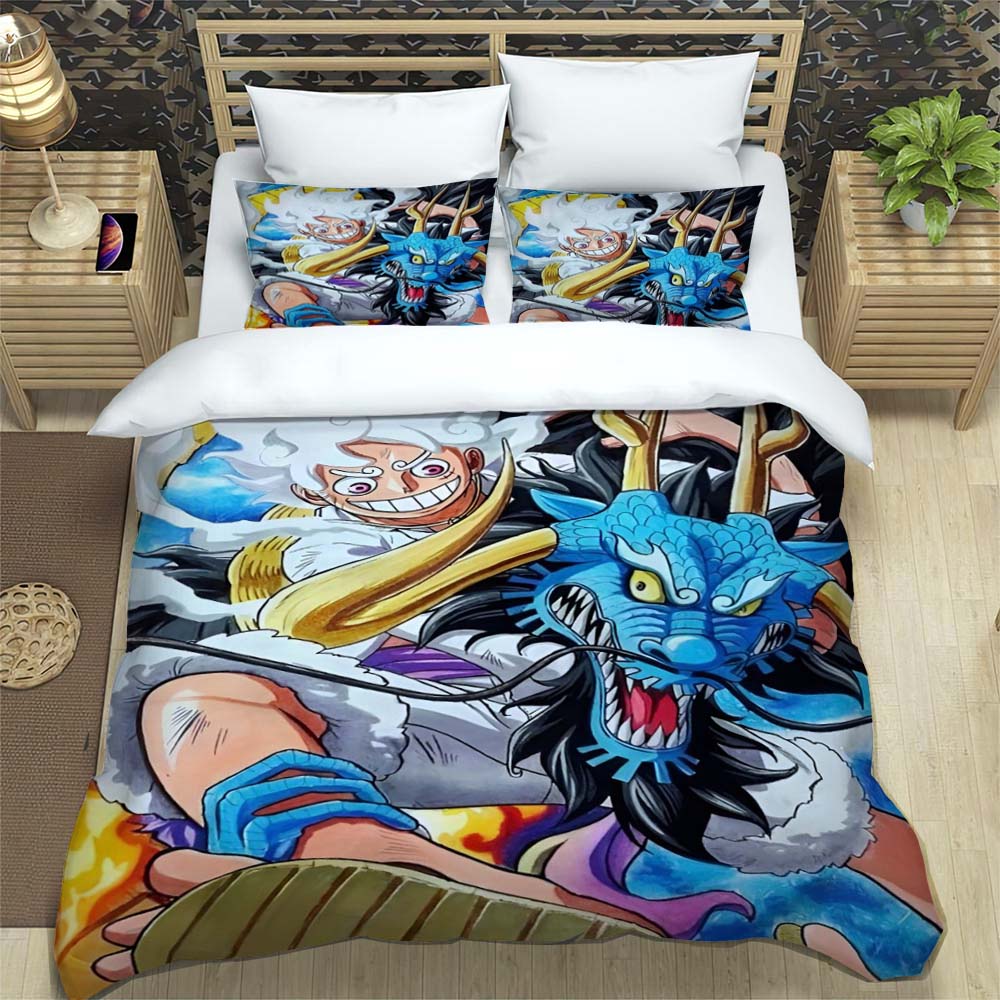 A Comfortable 3D Cartoon Comic Book Series "One Piece" Bedding Set, Including Duvet Cover, Pillowcases, and A Children's Set.