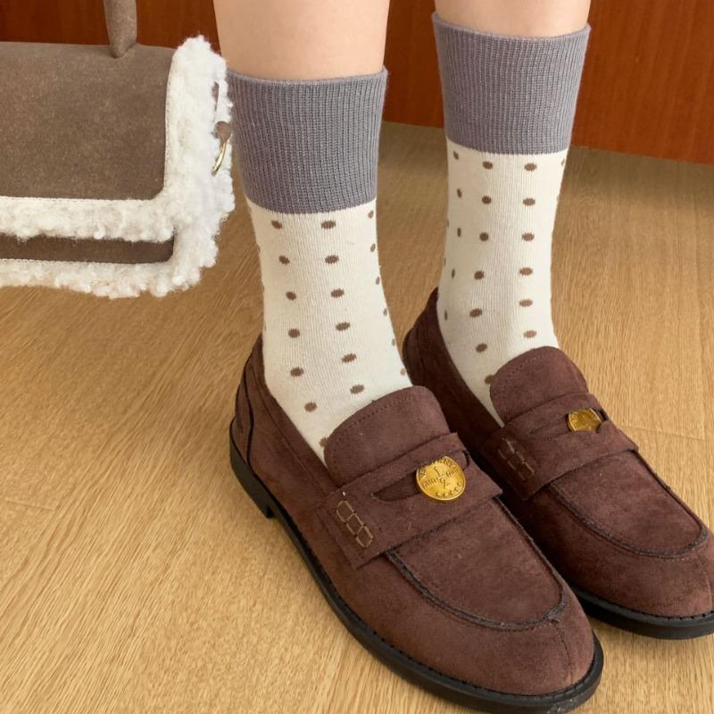 Mid-calf Socks for Women, Spring and Autumn Color-blocking Pile Socks, Retro Polka Dot School Style Cotton Socks for Women