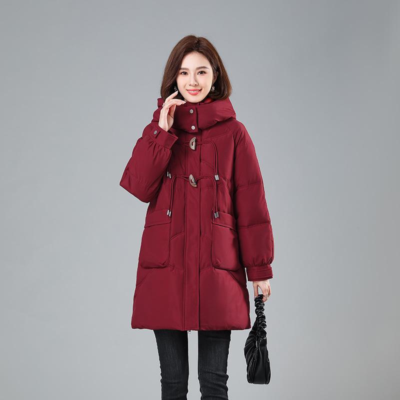 

Зима 2025, новый всесезонный пуховик из хлопка в корейском стиле для женщин среднего возраста, средней длины, выше колена, свободный, толстый, с капюшоном XXL бордовый