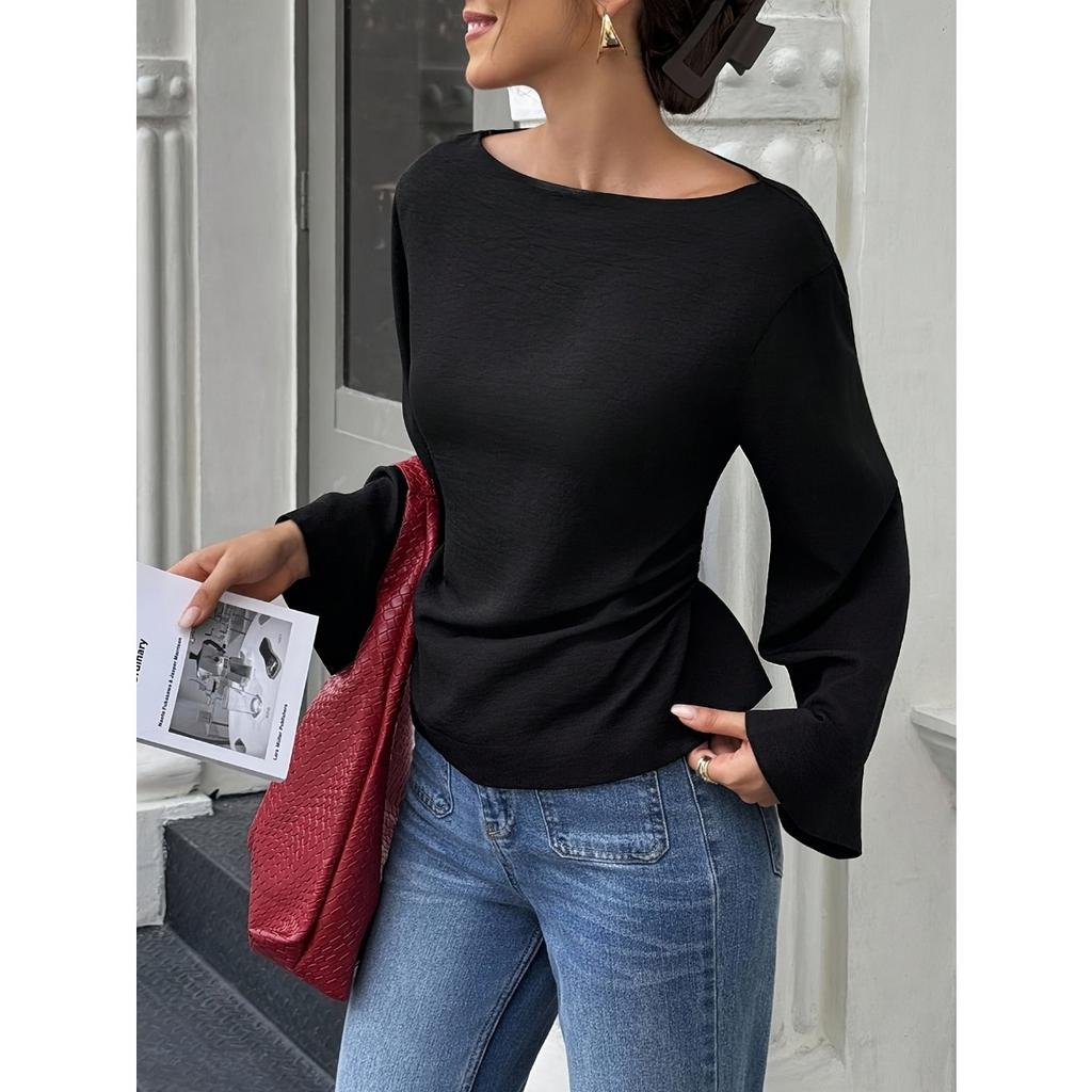 Spring Summer New Women's Solid Color Waist Cinched Boat Neck Flared Long Sleeve T-shirt Casual Fashion Streetwear Top