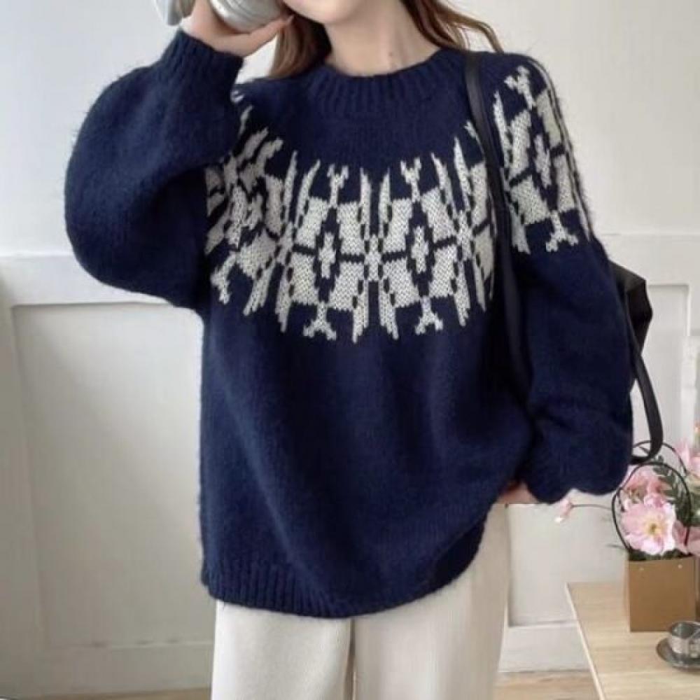 Navava Loose Fit Jacquard Pattern Color Block Round Neck Long Sleeve Knit Sweate