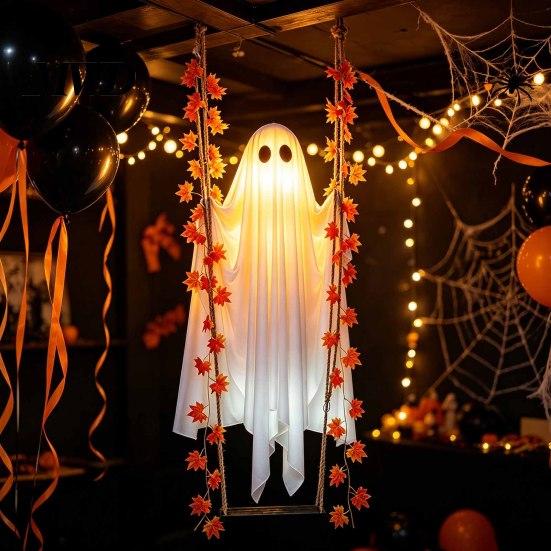 Outdoor Halloween Dekorationen Hängende Schaukel Geist, Leuchtender Schwingender Geist mit Ahornblatt Saisonale Gartenparty Ornamente Ranken Lichter Und Fernbedienung