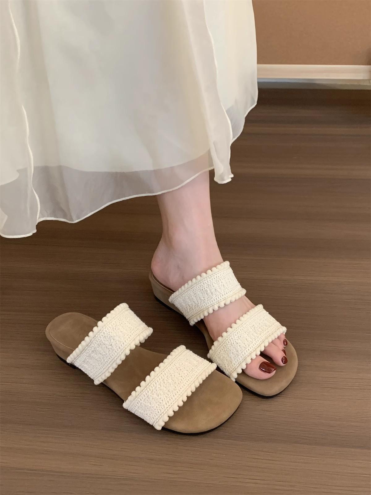 

Roman woven slippers 2025 summer gentle fairy bohemian vacation beach slope heel cool slippers 35