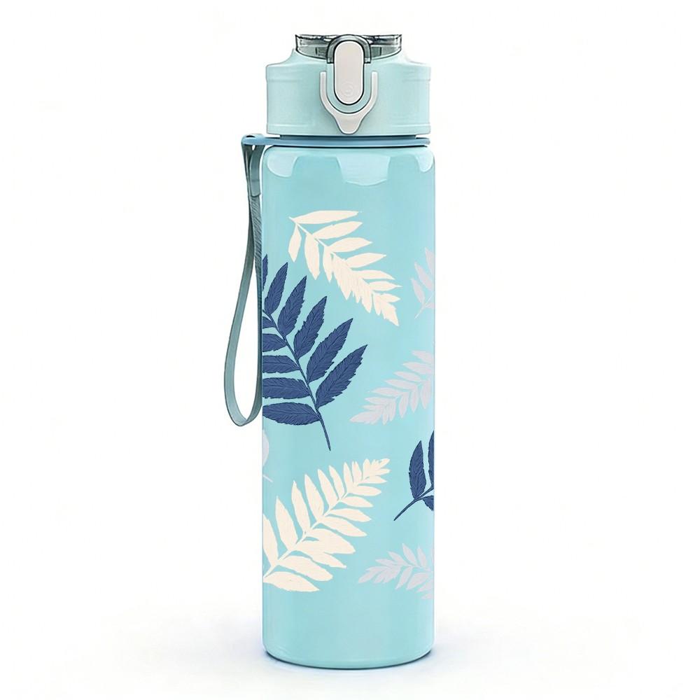 1PC Blue Grey Fern Leaf Pattern Print 750ml Color Plastic Sports Water Bottle Leakproof Flip Straw Lid Suitable for Sports Office Home Use