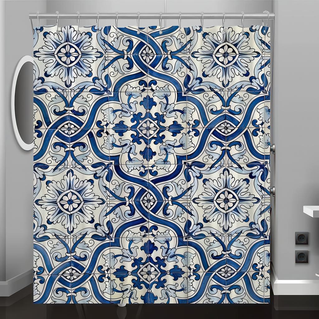 1pc Retro Blue & White Porcelain Tile Shower Curtain, Digital Print,Machine Washable,Reversible Polyester, All-Season Bath Decor