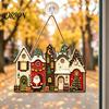 Indoor Festive Wall Plaque Christmas Town Wooden Hanging Sign for Front Door, Rustic Xmas House Holiday Ornament Decoration with Hemp Rope Outdoor