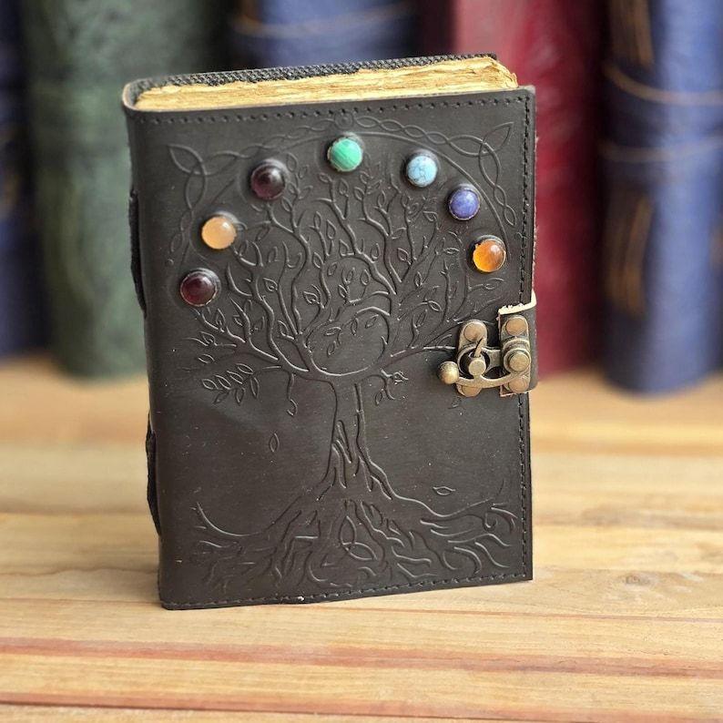 

Tree of Life Leather Journal with 7 Chakra Stones, Deckle Edge Paper 7 x 5 inch / 200 Page