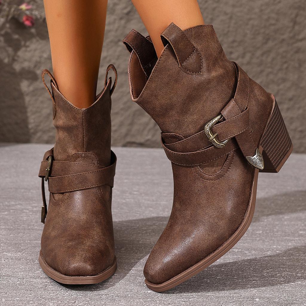 Brown Strip Buckle One Pedal Western Boots Wind Comfortable Versatile Daily Commute Fashion Women'S Boots Trendy Ankle Boots