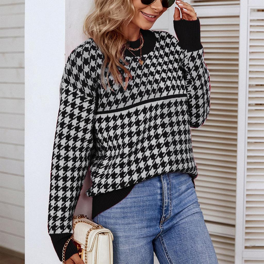Ladies Fashion Casual Loose Knit Contrast Houndstooth Pullover Sweater